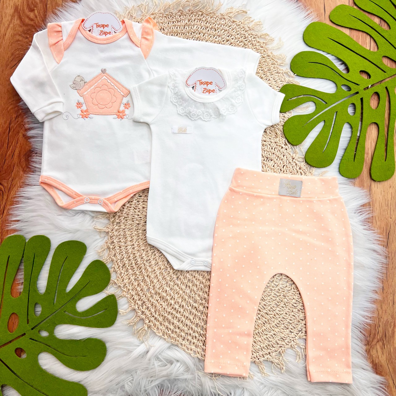 Conj. de Malha 3 peças - Casinha de Passarinho - Salmão e Off White